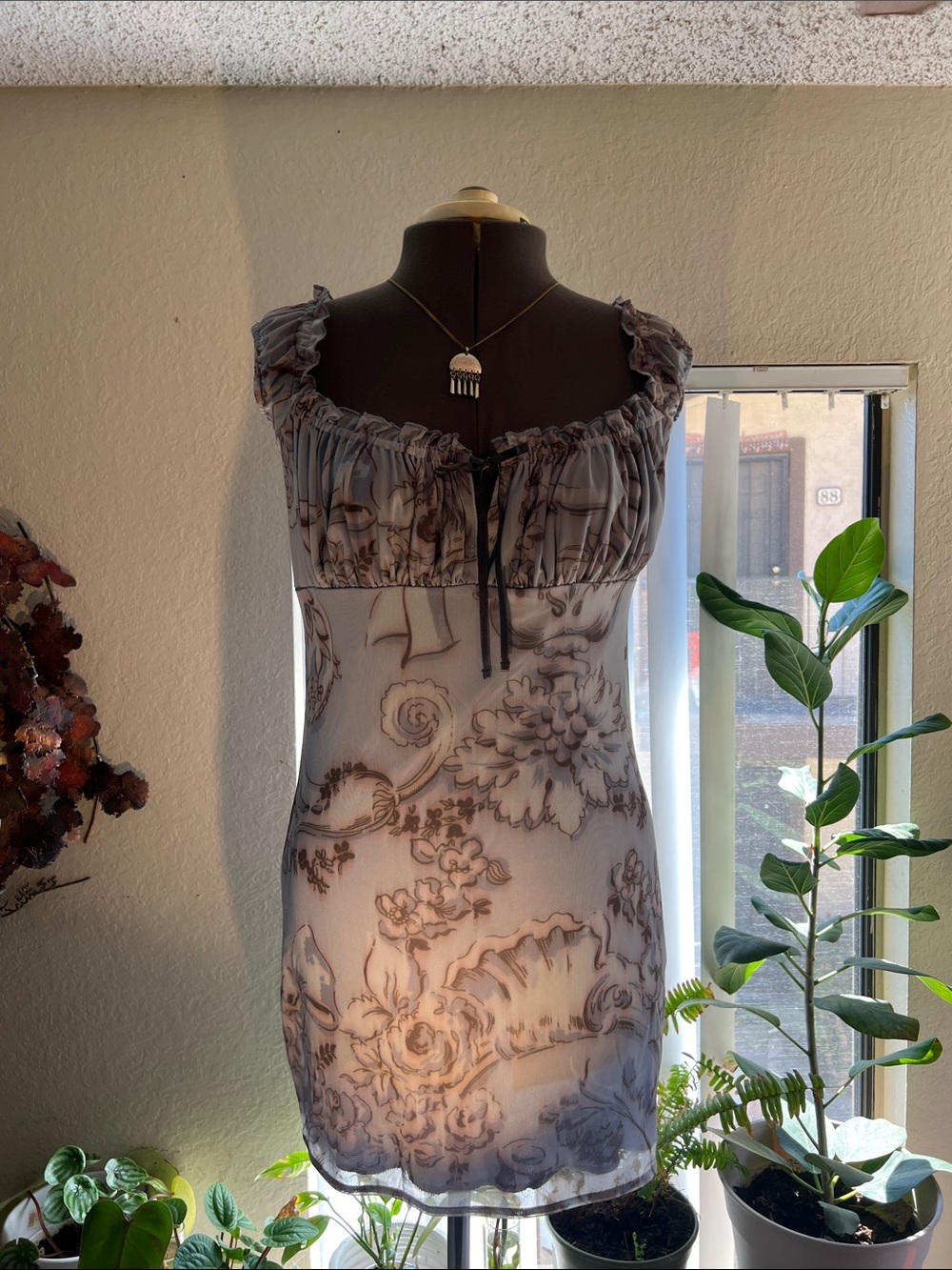 Kimchi Blue Sheer Floral Mini Dress in Blue and Gray